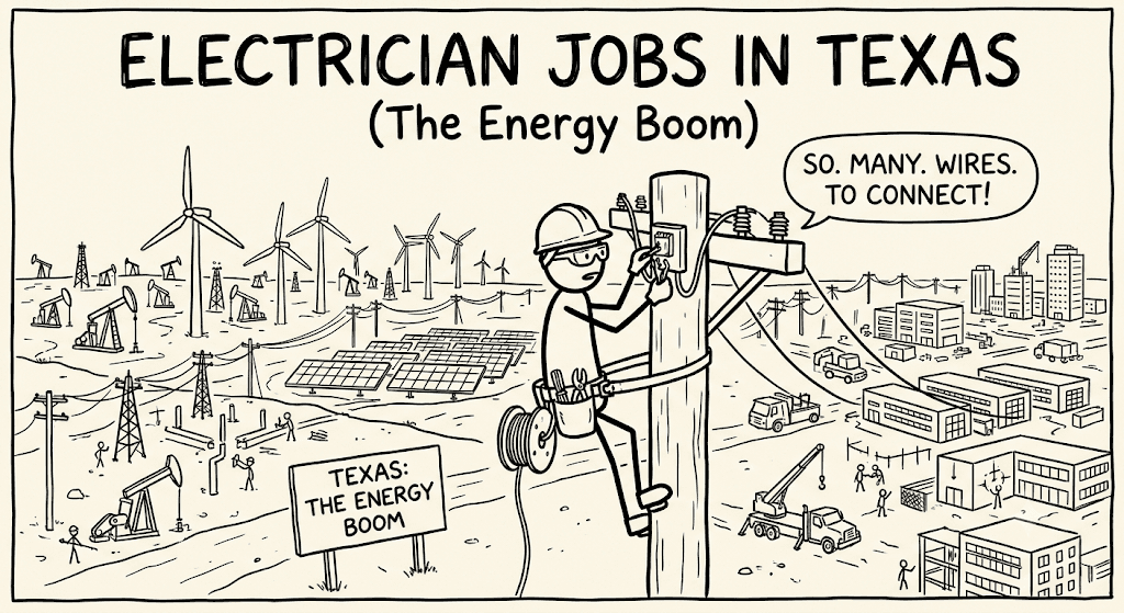 Electrician Jobs in Texas: The Energy Boom (Comic Illustration)