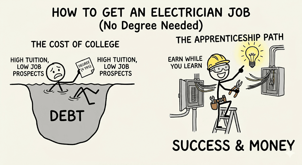 Stick Figure Comic: College Debt vs. Electrician Apprenticeship