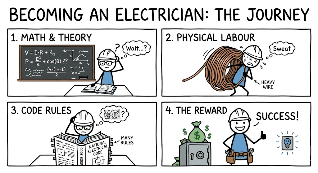 Becoming an Electrician: The Journey to Success - A Four-Panel Comic Guide