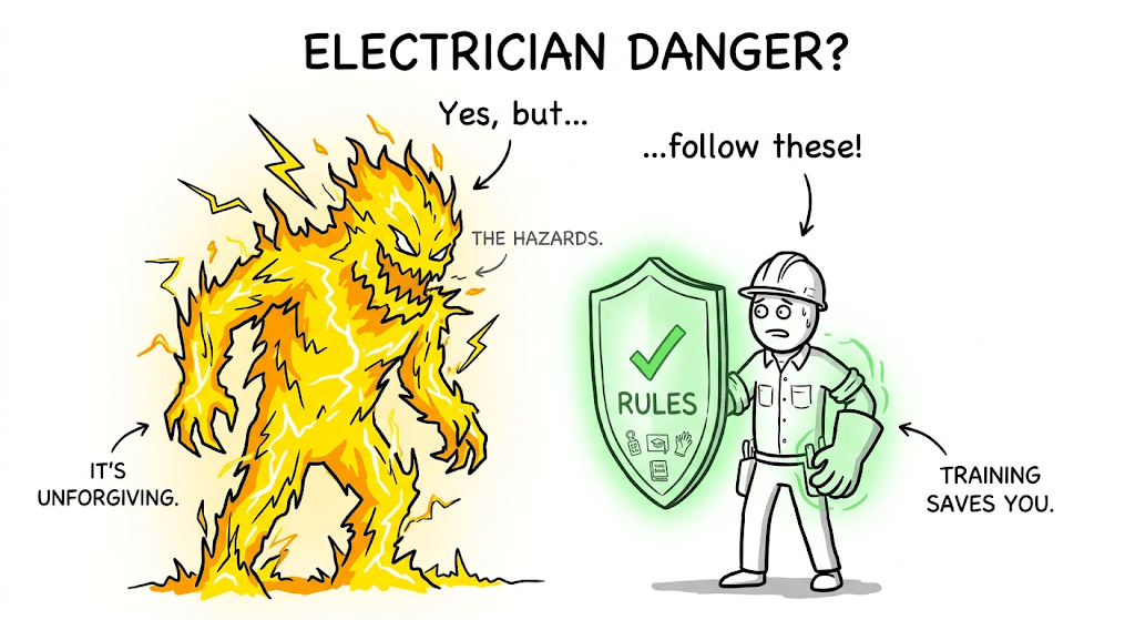 Visualizing Electrician Safety: "The Hazards" vs. "Training Saves You"